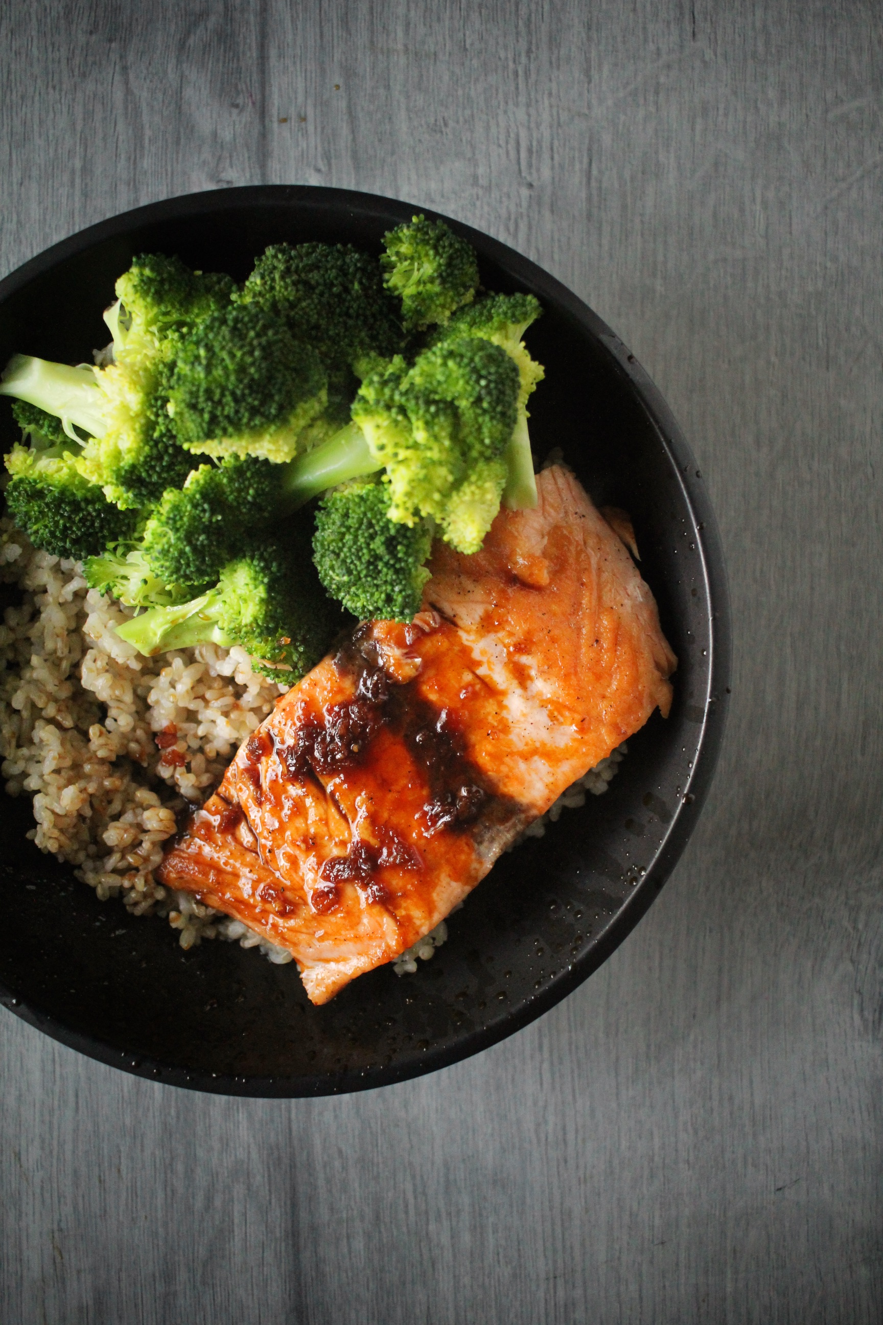 salmon & broccoli rice bowls with citrus-shoyu glaze